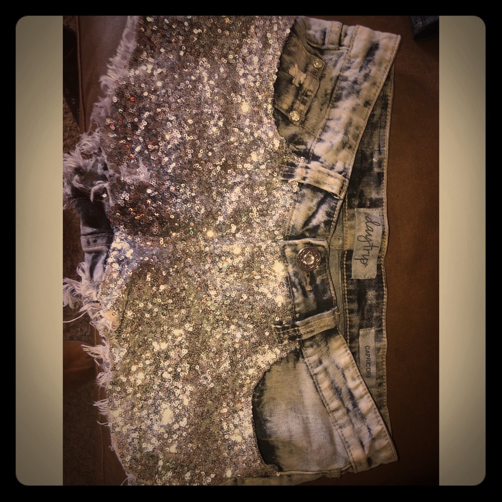Silver sequin distressed shorts